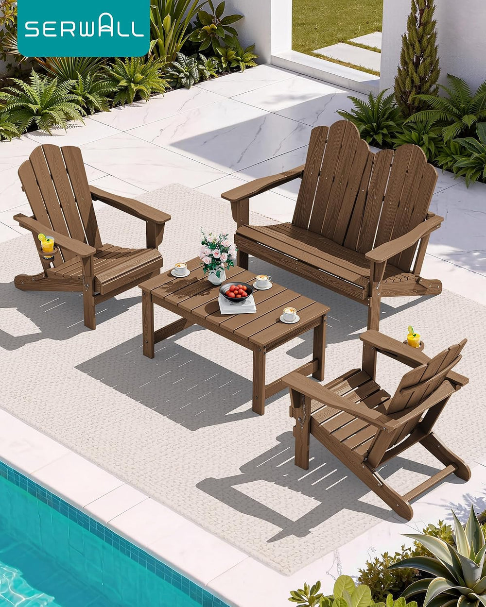 SERWALL Folding Adirondack Bench, HDPE Outdoor Bench, 660lbs Cap, Brown