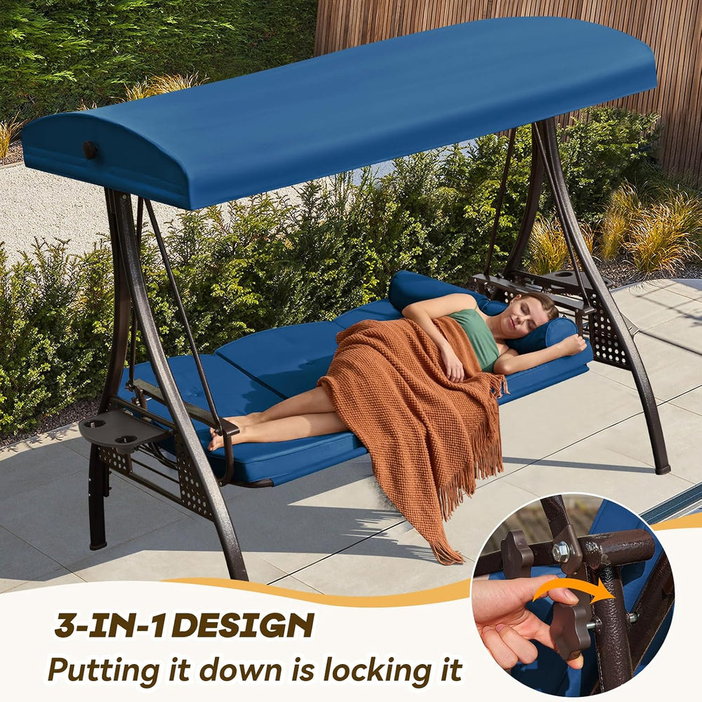 3 in 1 Outdoor Porch Swing with Adjustable Canopy, 3 Seat Outdoor Swing for A...
