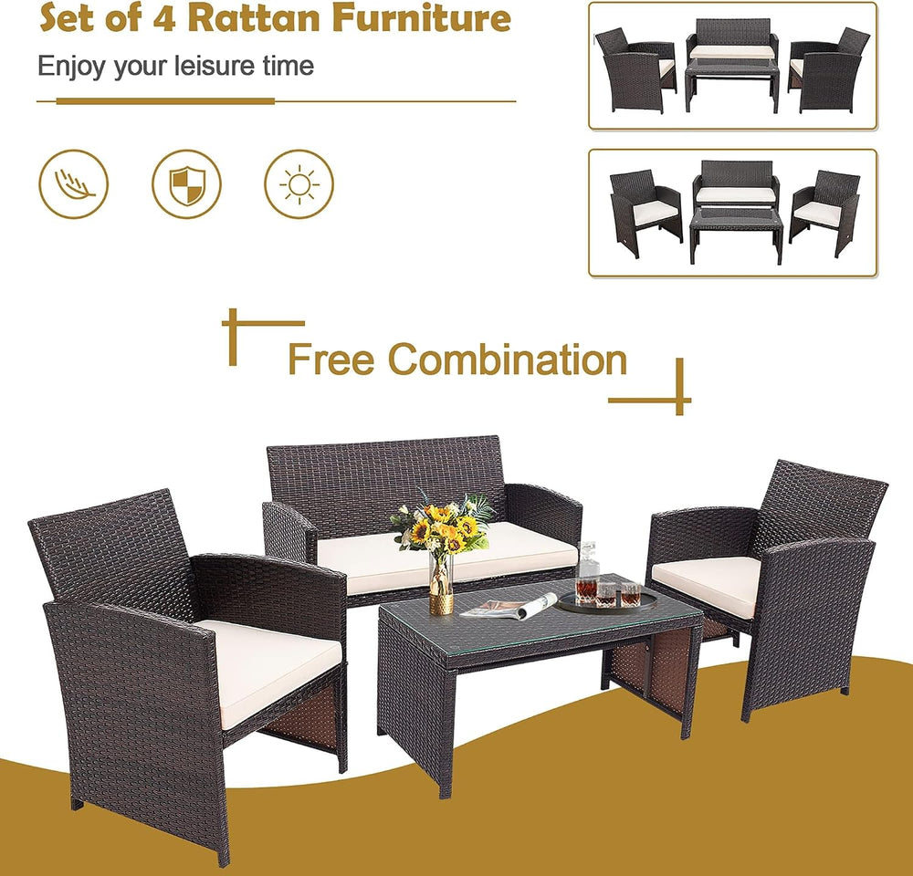 DORTALA 4 Pieces Wicker Patio Furniture Set, Outdoor PE Rattan Conversation S...