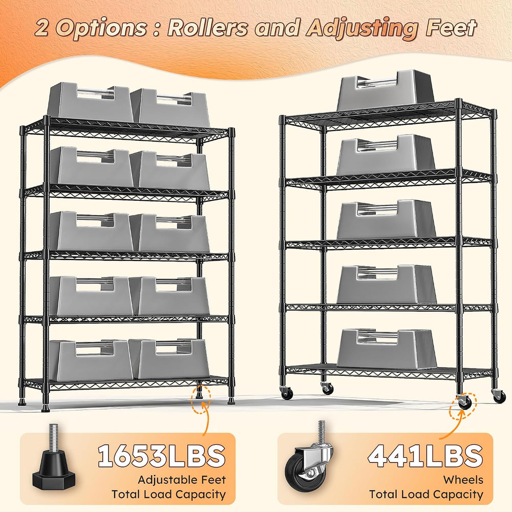 REIBII 5 Tier Storage Shelves, 1653LBS Heavy Duty&Silent Wheels for Garage