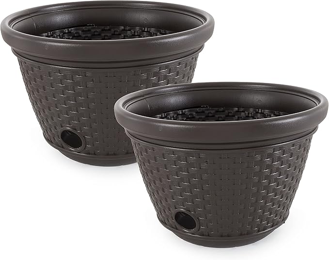 Suncast 2 Pack Decorative Wicker Garden Hose Holder Pot with 4 Drain Holes fo...