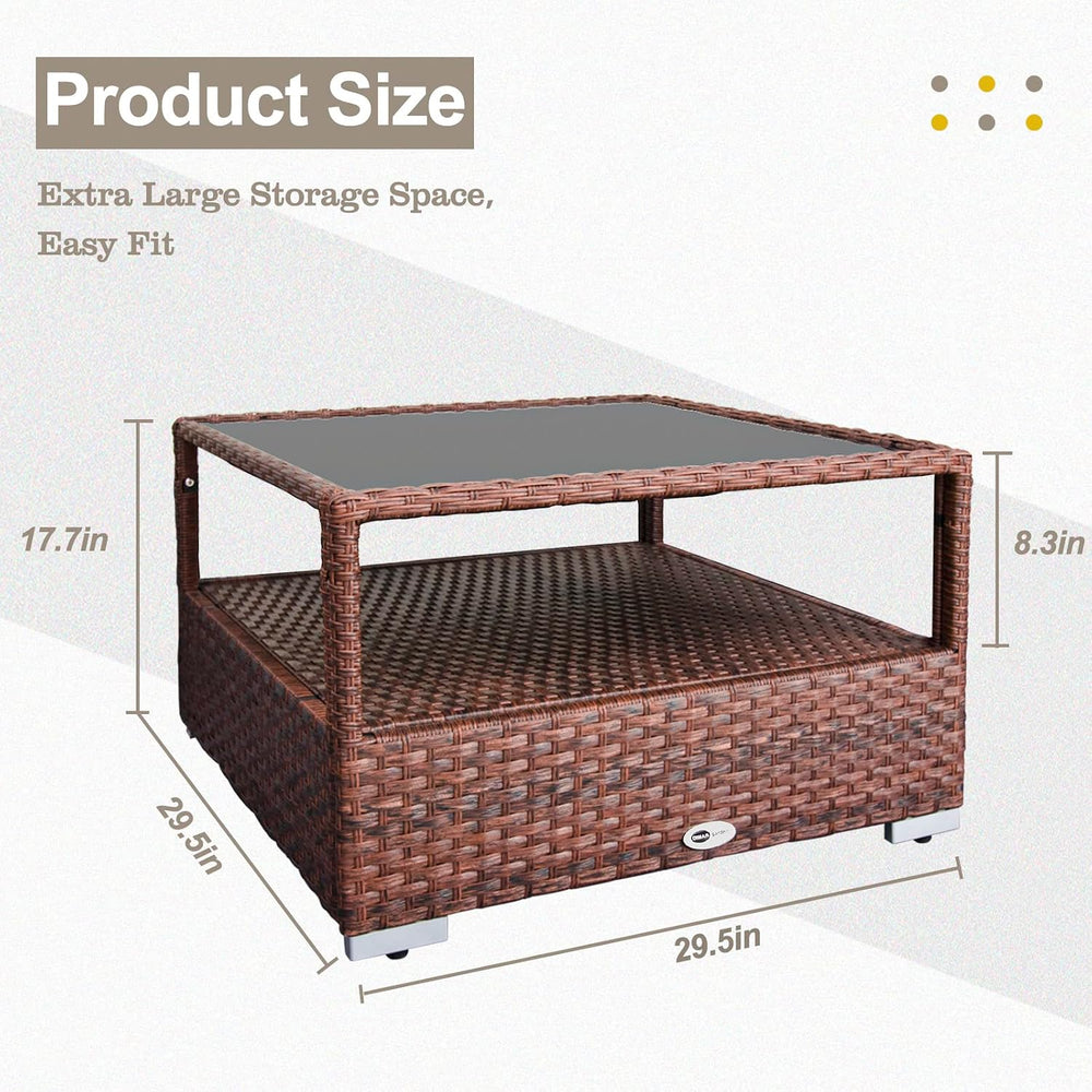 DIMAR GARDEN Outdoor Coffee Table Wicker Patio Rattan Side Table with Glass T...