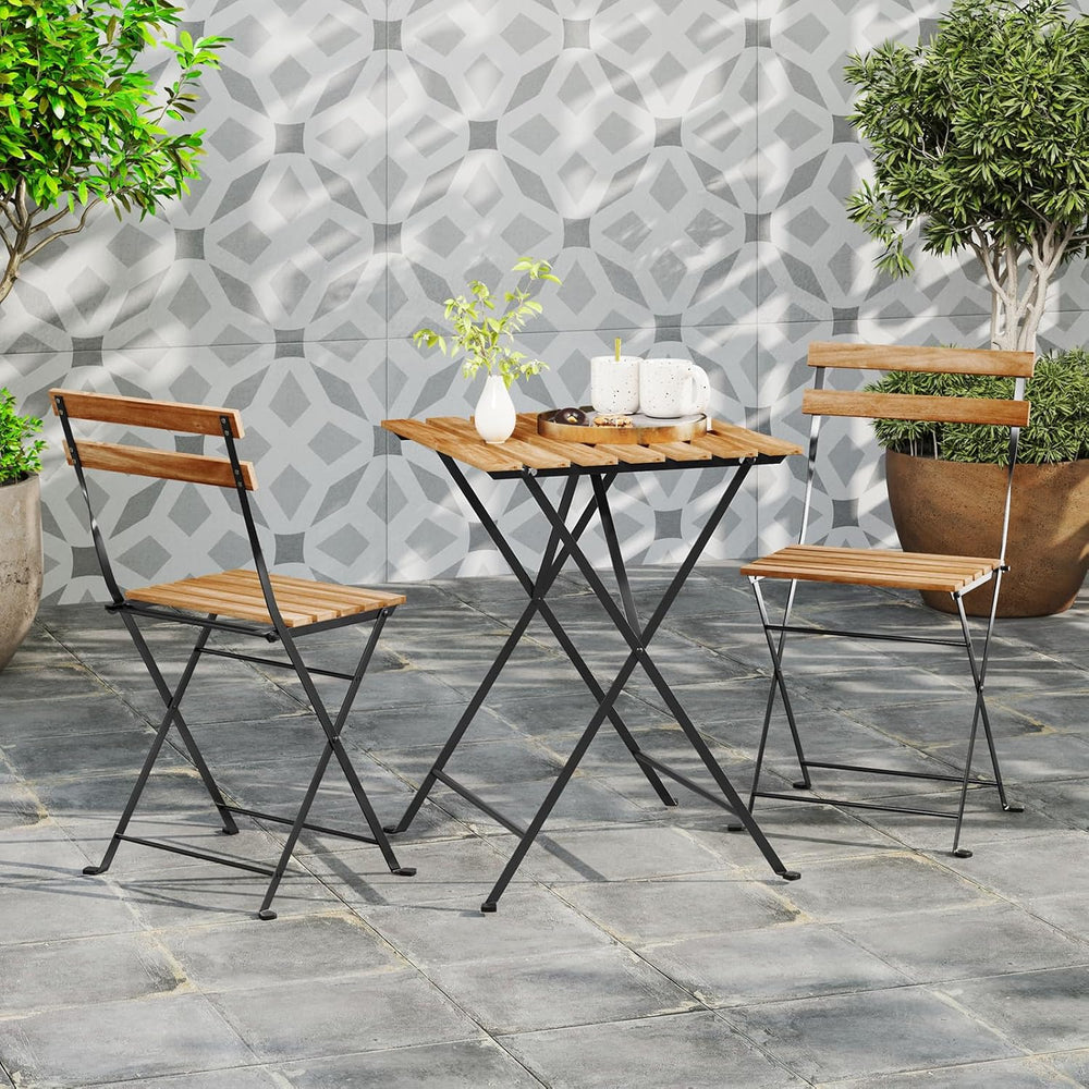 GIANTEX 3-Piece Acacia Wood Bistro Set, Patio Bistro Table with 2 Folding Cha...