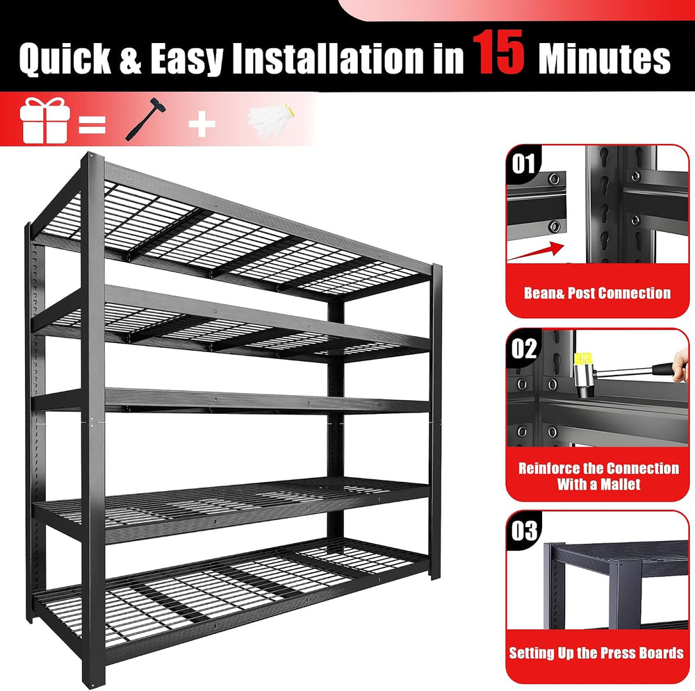 84" H Heavy Duty Wire Garage Shelving, 5-Tier Adjustable Industrial Meta...
