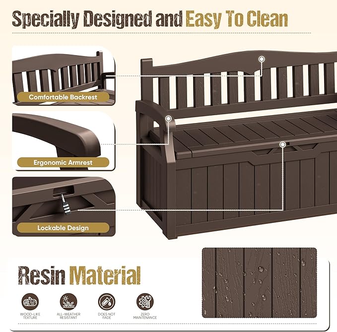 80-Gallon Outdoor Storage Bench, Waterproof Deck Box with Lockable Lid & ...