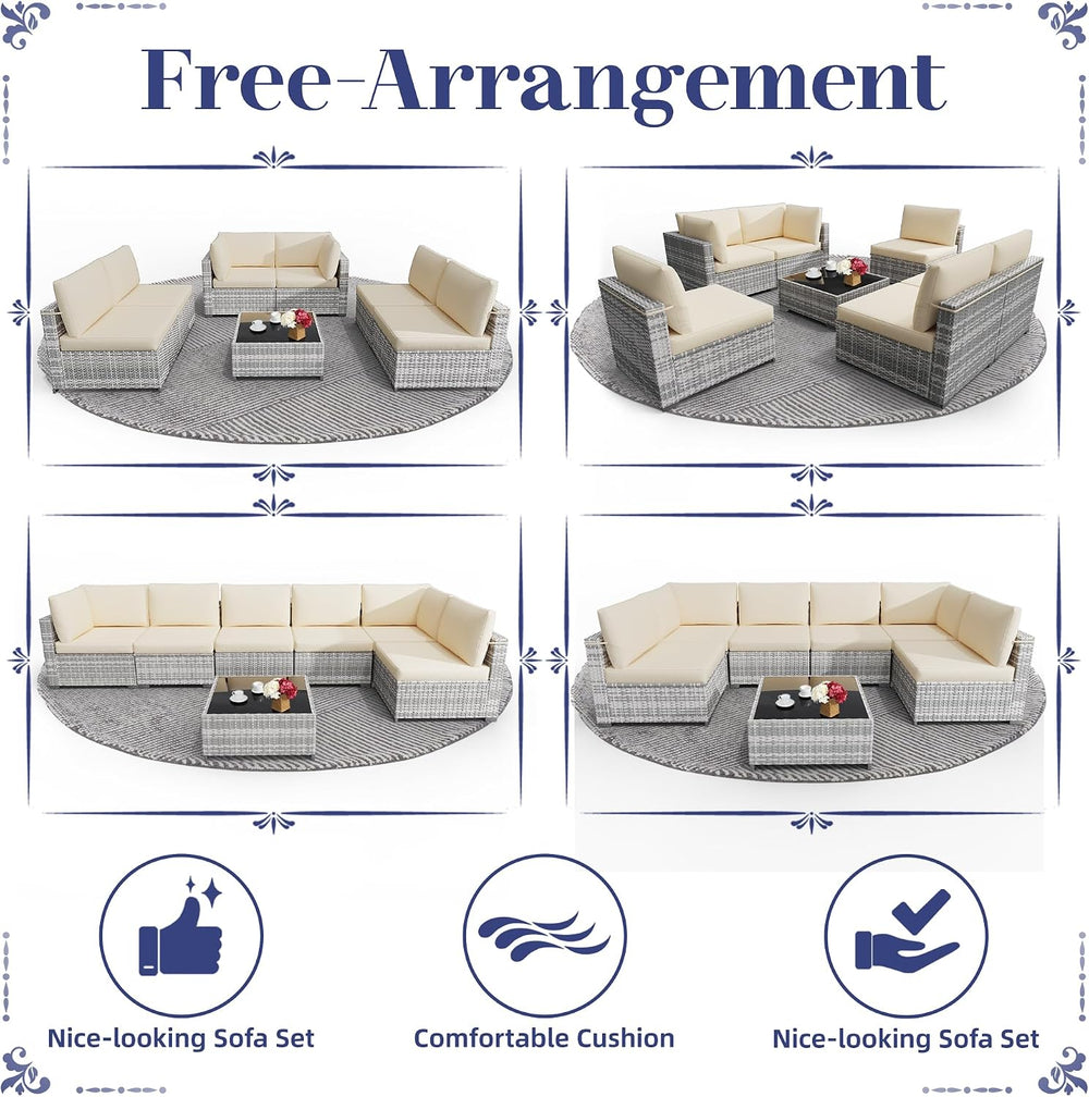 KIGOTY 7-Piece Patio Furniture Set, All-Weather PE Rattan Outdoor Sectional S...
