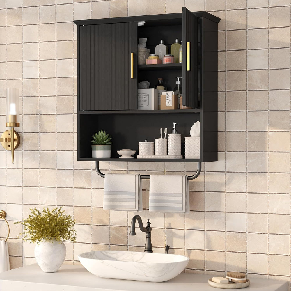 Wall Mounted Cabinet with Towel Bar & Shelves for Kitchen Bathroom
