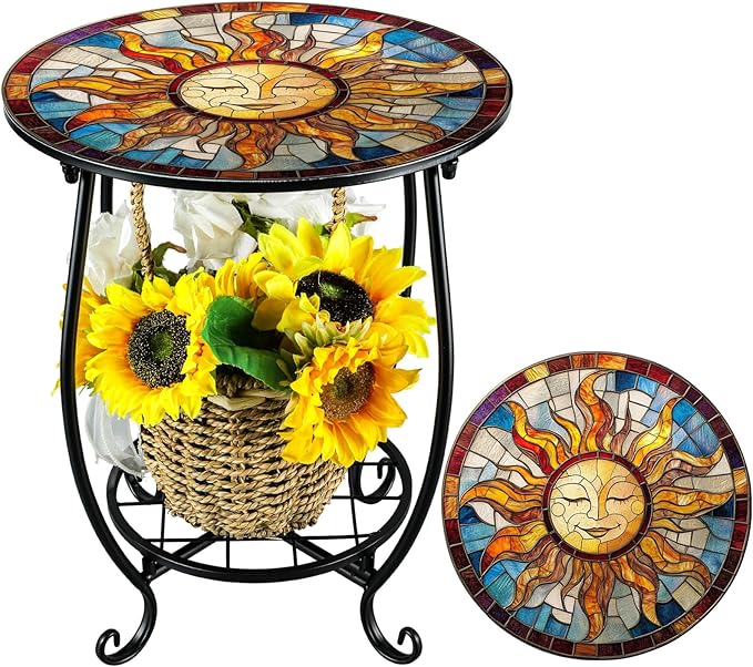 Outdoor Side Table Round Small Mosaic Patio Accent Indoor End Plant Coffee Te...