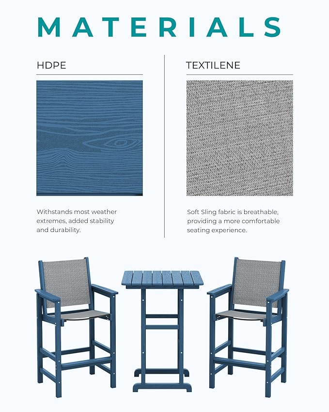 SERWALL 3 Pieces Textilene Adirondack Bar Set, Tall Adirondack Bar Height Cha...