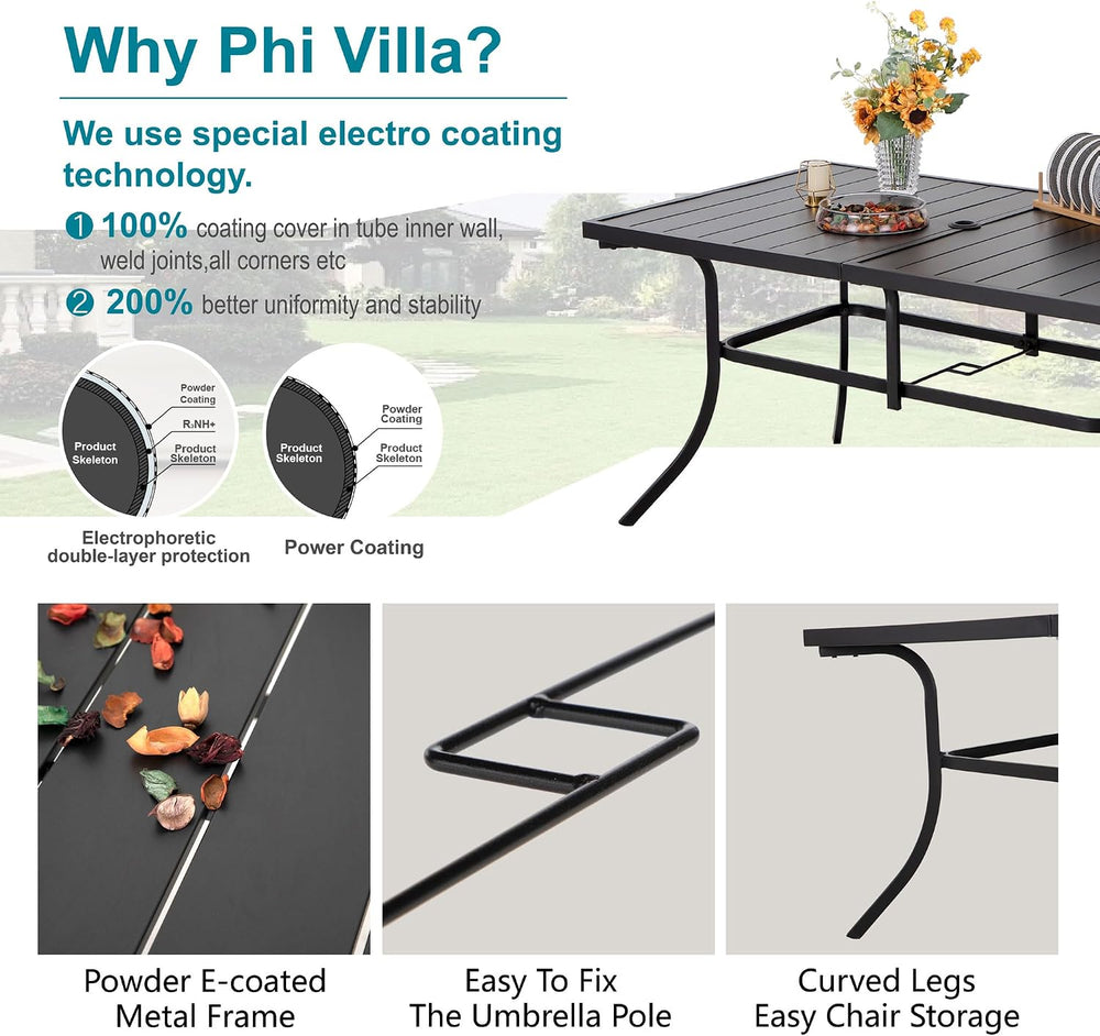PHI VILLA Outdoor Patio Dining Set with Umbrella for 6, Folding Chairs