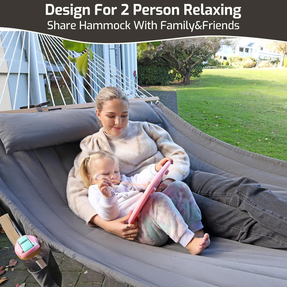 Double Quilted Hammock with Hardwood Spreader Bars and Pillow