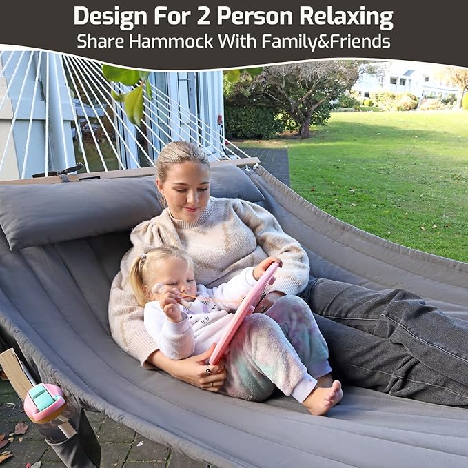 Double Quilted Fabric Hammock with Hardwood Spreader Bars and Pillow 450 LBS ...