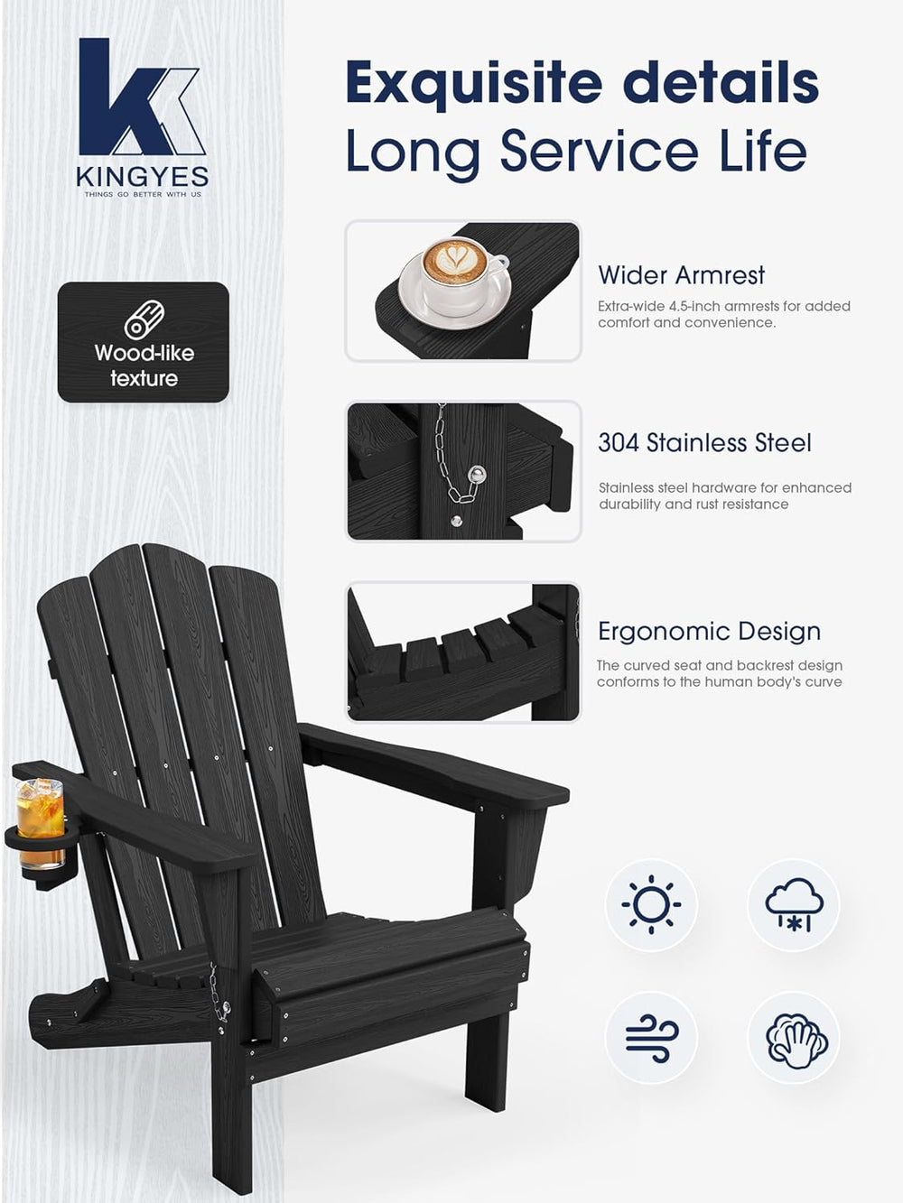 KINGYES Folding Adirondack Chair Set of 2 with Cup Holder, Black