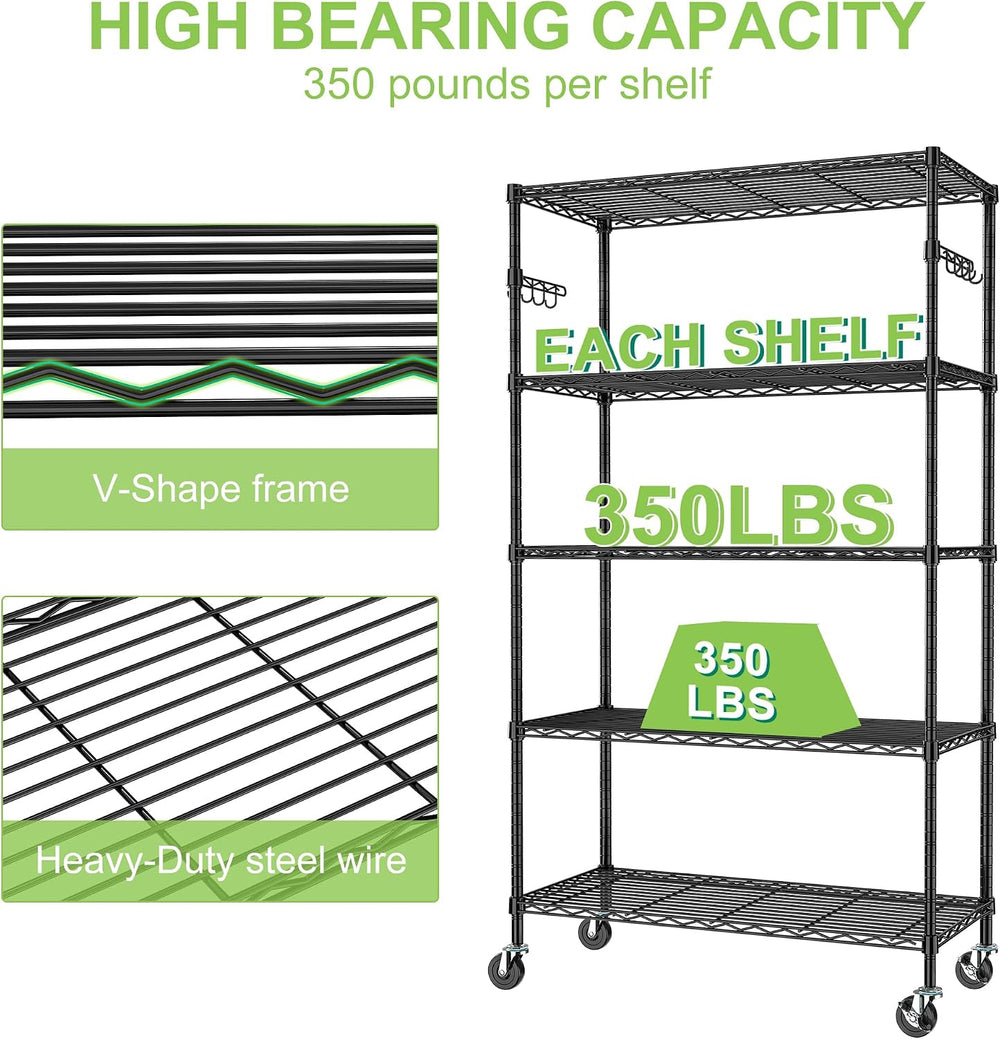 5 Tier Wire Metal Shelving Rack Garage Storage Rolling Shelves with Wheels