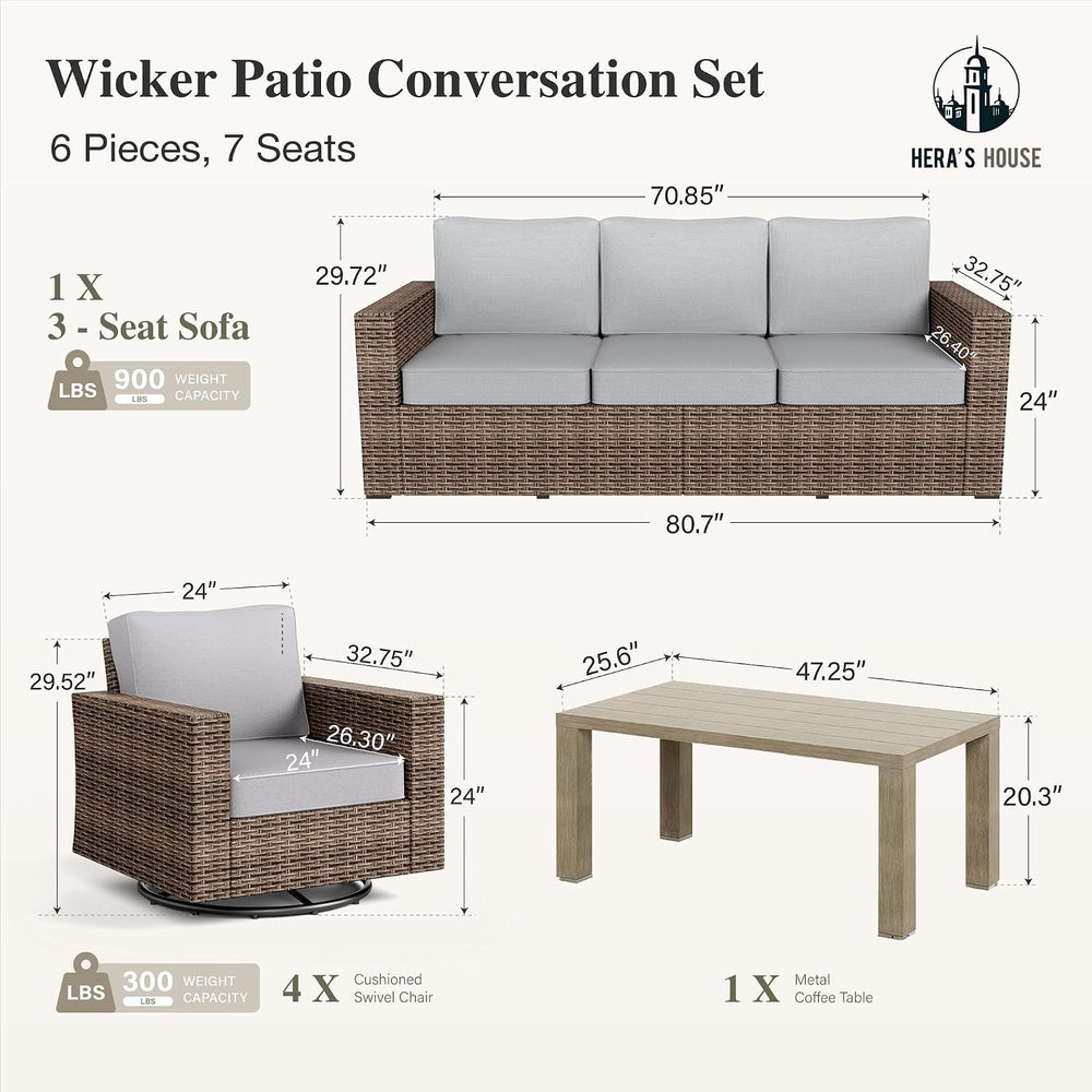 HERA'S HOUSE 7-Seat Patio Furniture Set with Wide Arm, Grey