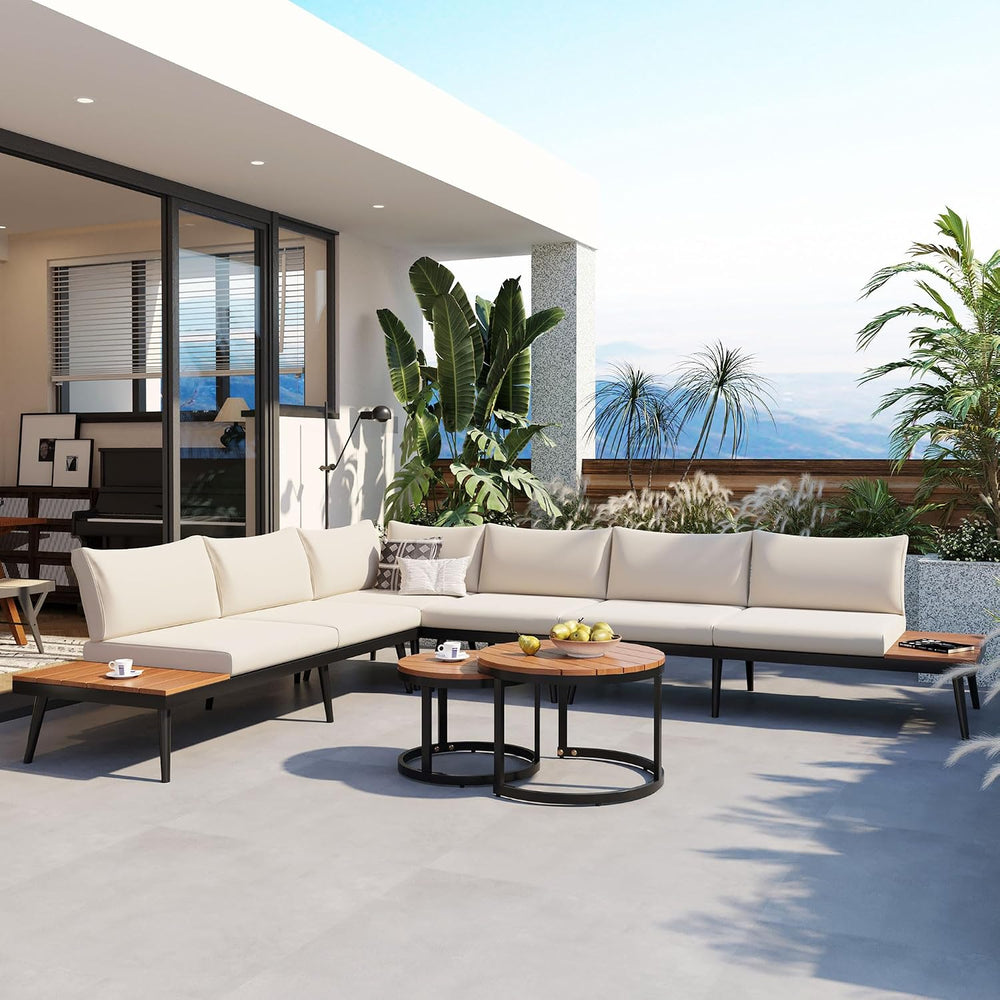 Modern Outdoor Sectional Sofa Set with Round Nesting Coffee Tables (Beige)