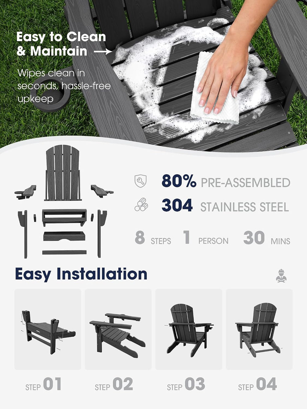 KINGYES Adjustable Folding Adirondack Chairs with Footrest & 2 Cup, HDPE ...