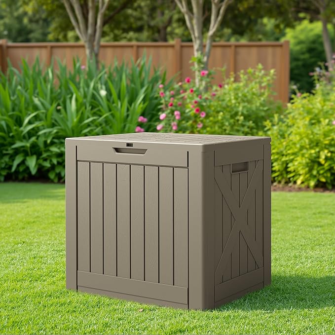 JUMMICO 42 Gallon Deck Box Waterproof, Resin Outdoor Storage Box with Side Ha...