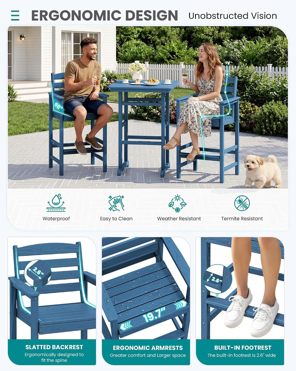 SERWALL 4 Pcs HDPE Bar Height Adirondack Chairs and Bar Table Set, Blue