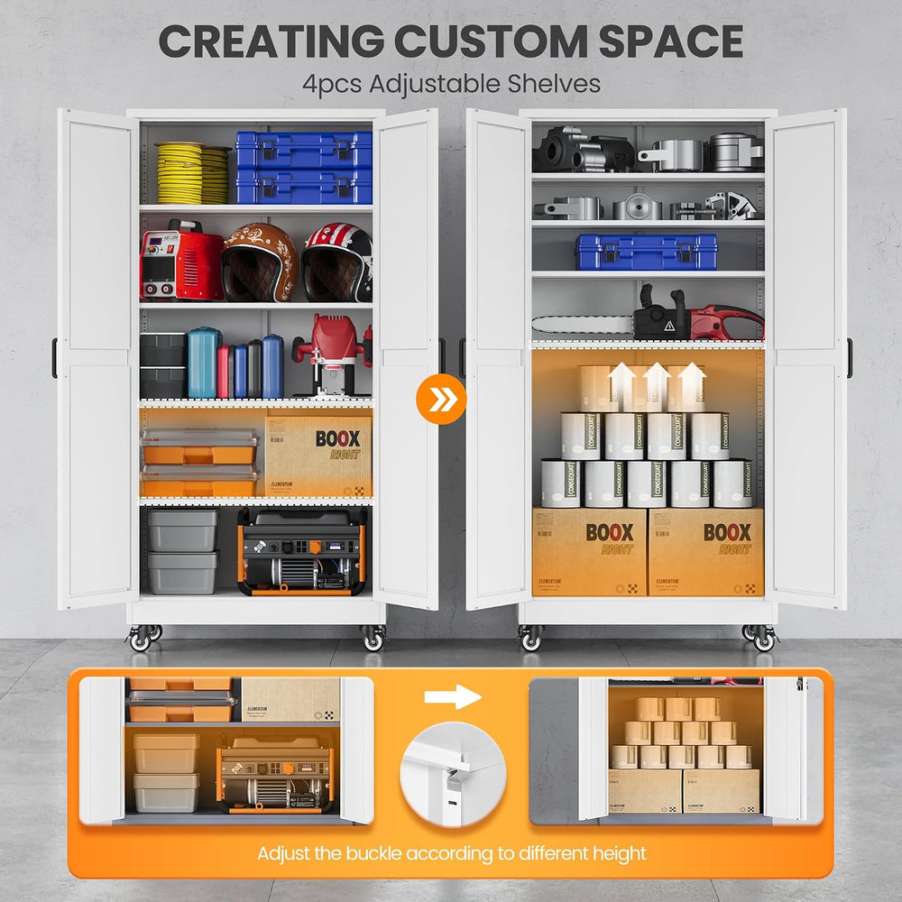 72" Tall Wheeled Garage Storage Cabinet, Rolling White Tool Cabinets.