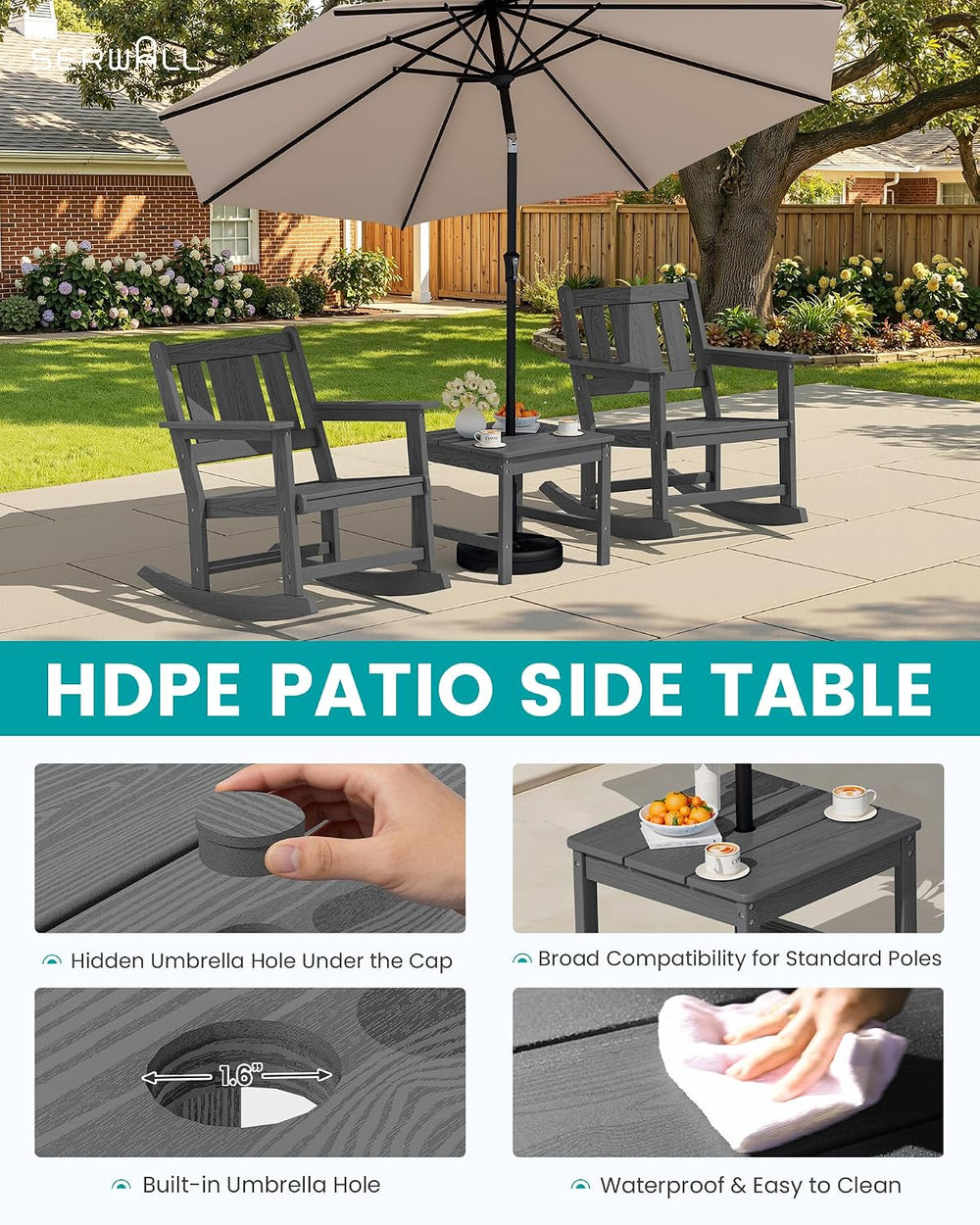 SERWALL 3-Piece Patio Furniture Set with 2 Rocking Chairs & Table, Grey
