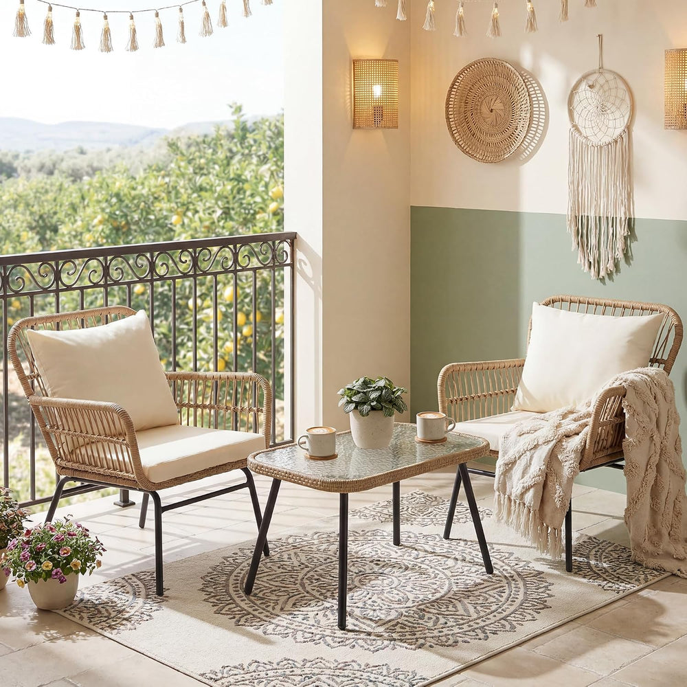RADIATA 3 Pcs Boho Wicker Patio Chair Set, Outdoor Rattan Bistro Furniture