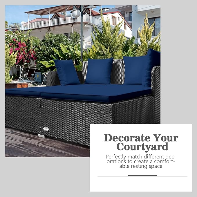 COSTWAY Outdoor Patio Rattan Daybed, Sponge Cushioned Loveseat Sofa with 4 Pi...