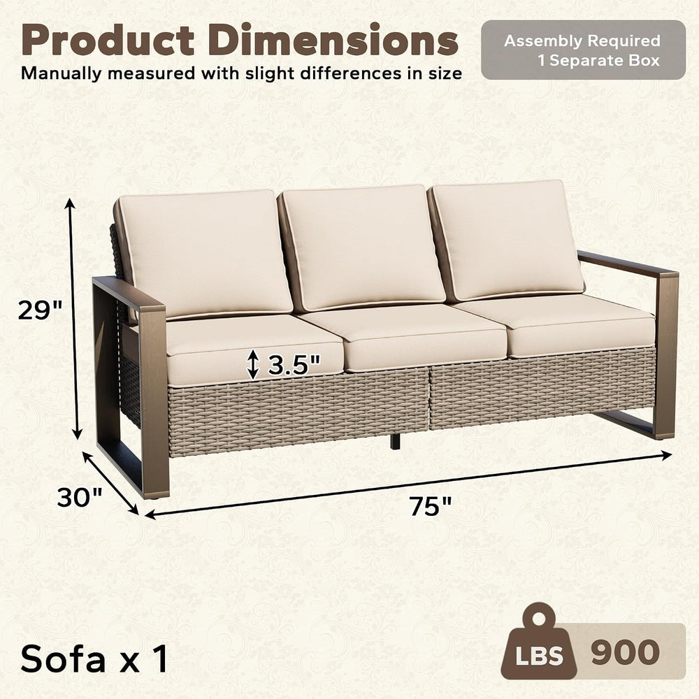 75" Patio Metal Wicker Sofa, All Weather Outdoor Rattan 3-Seat Sofa Couc...