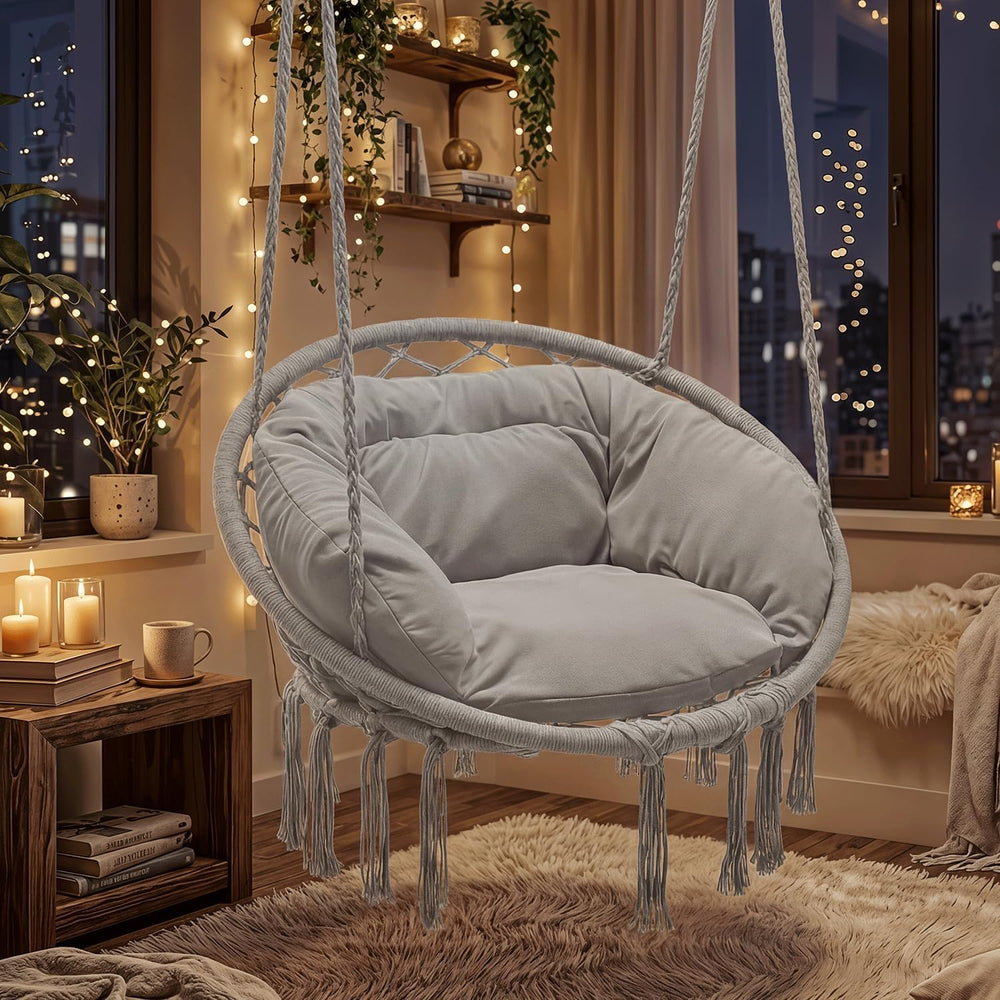 Magshion Macrame Hanging Hammock Chair with Cozy Full Cushion, Gray