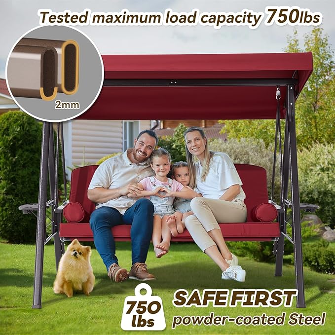 3 in 1 Outdoor Porch Swing with Adjustable Canopy, 3 Seat Outdoor Swing for A...