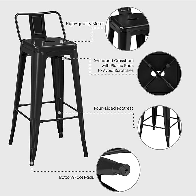 Yaheetech Bar Stools Set of 4, Metal Counter Height Chairs, 30 Inch Industria...