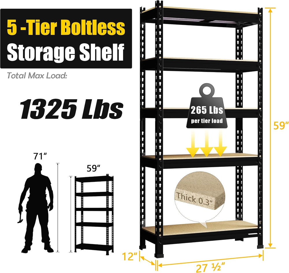 PrimeZone 5-Tier Garage Storage Shelves, Adjustable Metal Shelving, Black