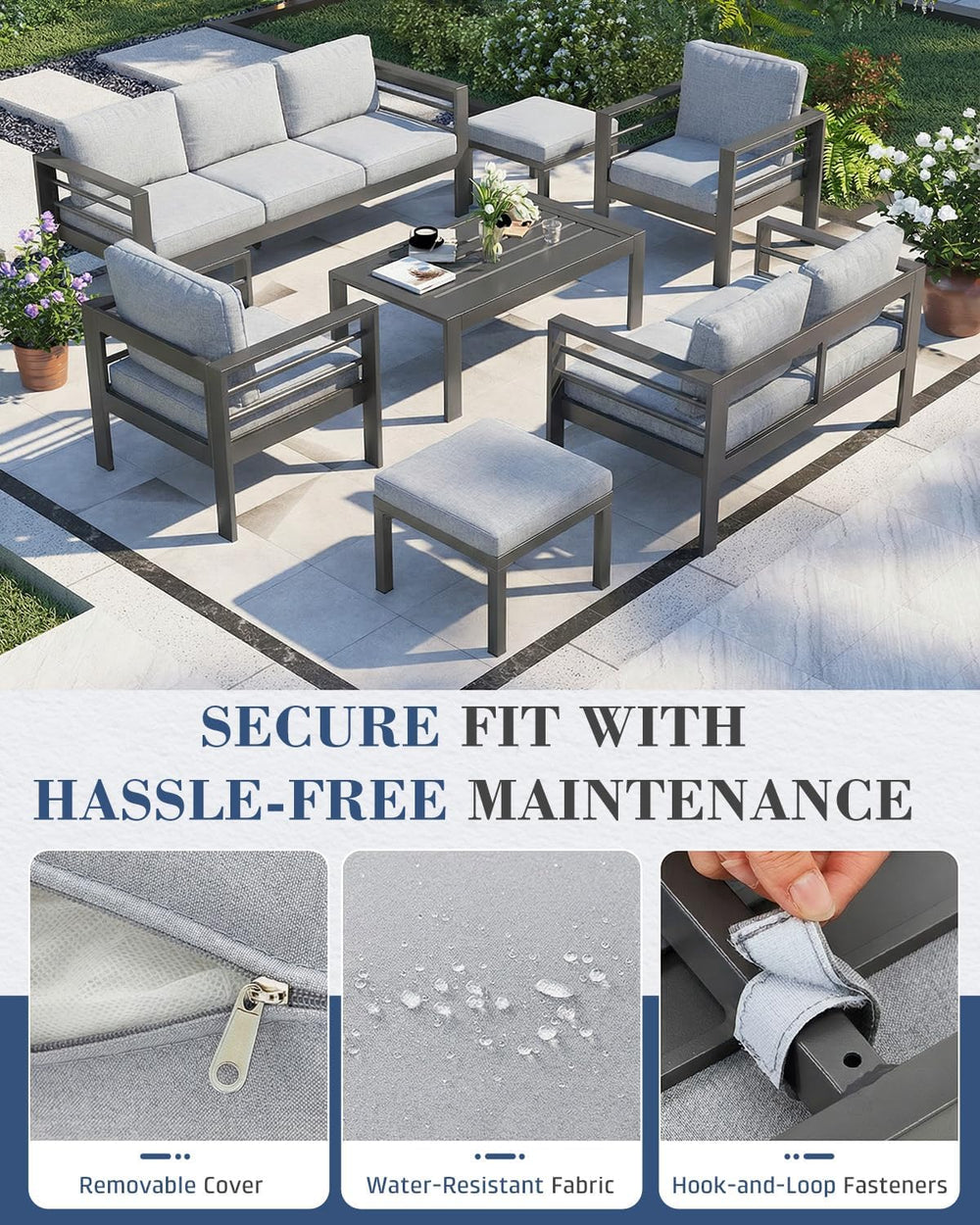 AECOJOY 7 Pieces Aluminum Outdoor Patio Furniture Set, 9 Seats, Light Gray