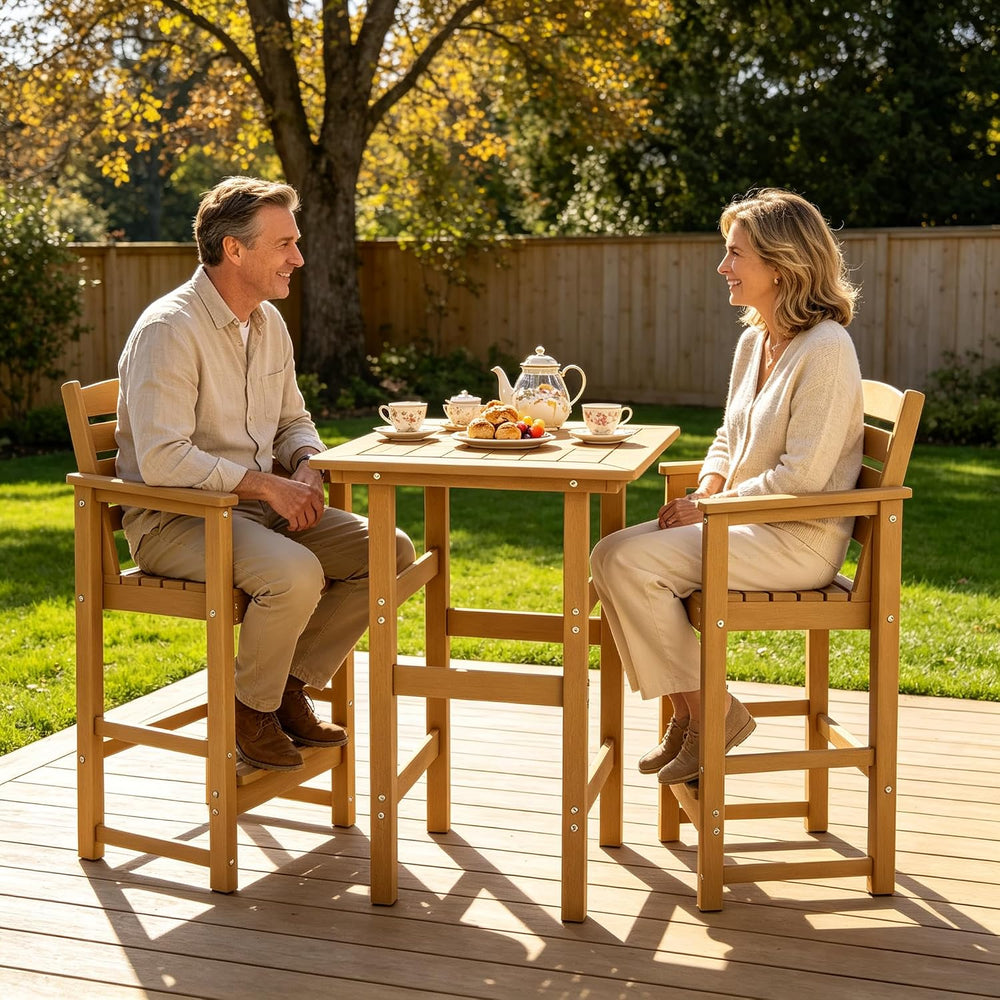 3-Piece Outdoor Bistro Bar Set, HDPE Bar Height Table & Chairs, Teak