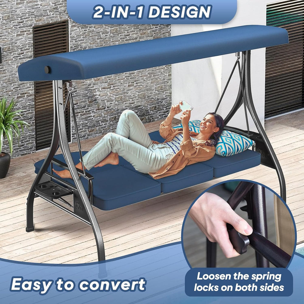 ZZW 3 Seat Outdoor Porch Patio Swing with Stand 800lbs 2-in-1 Convertible Swi...