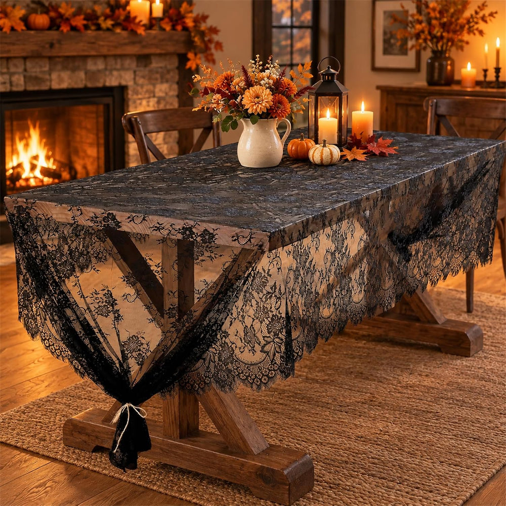 3Pcs Black Lace Tablecloth 60x120 Inch Rustic Halloween Home Decor