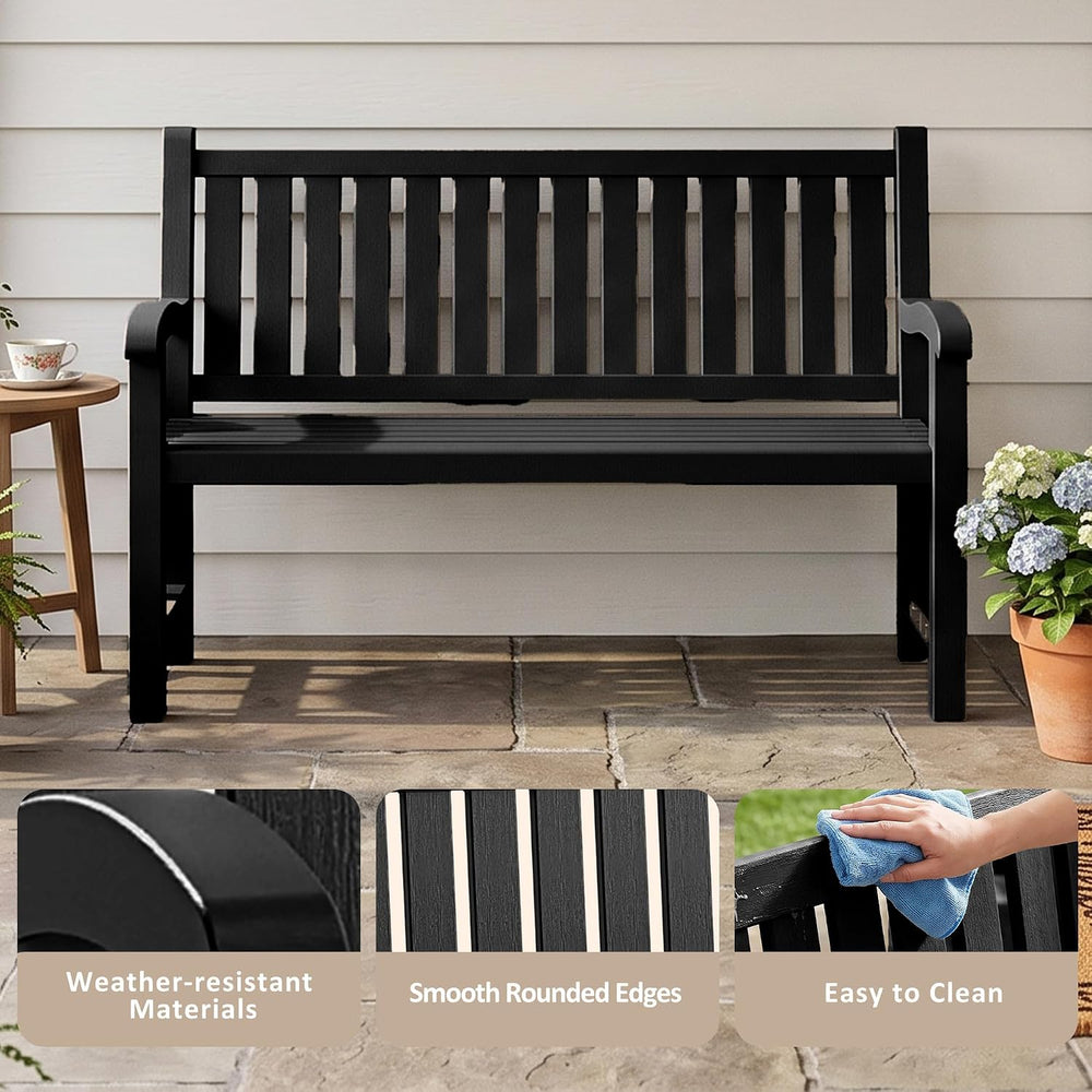Weatherproof Resin Outdoor Garden Bench, 2-Seater,Classic Black