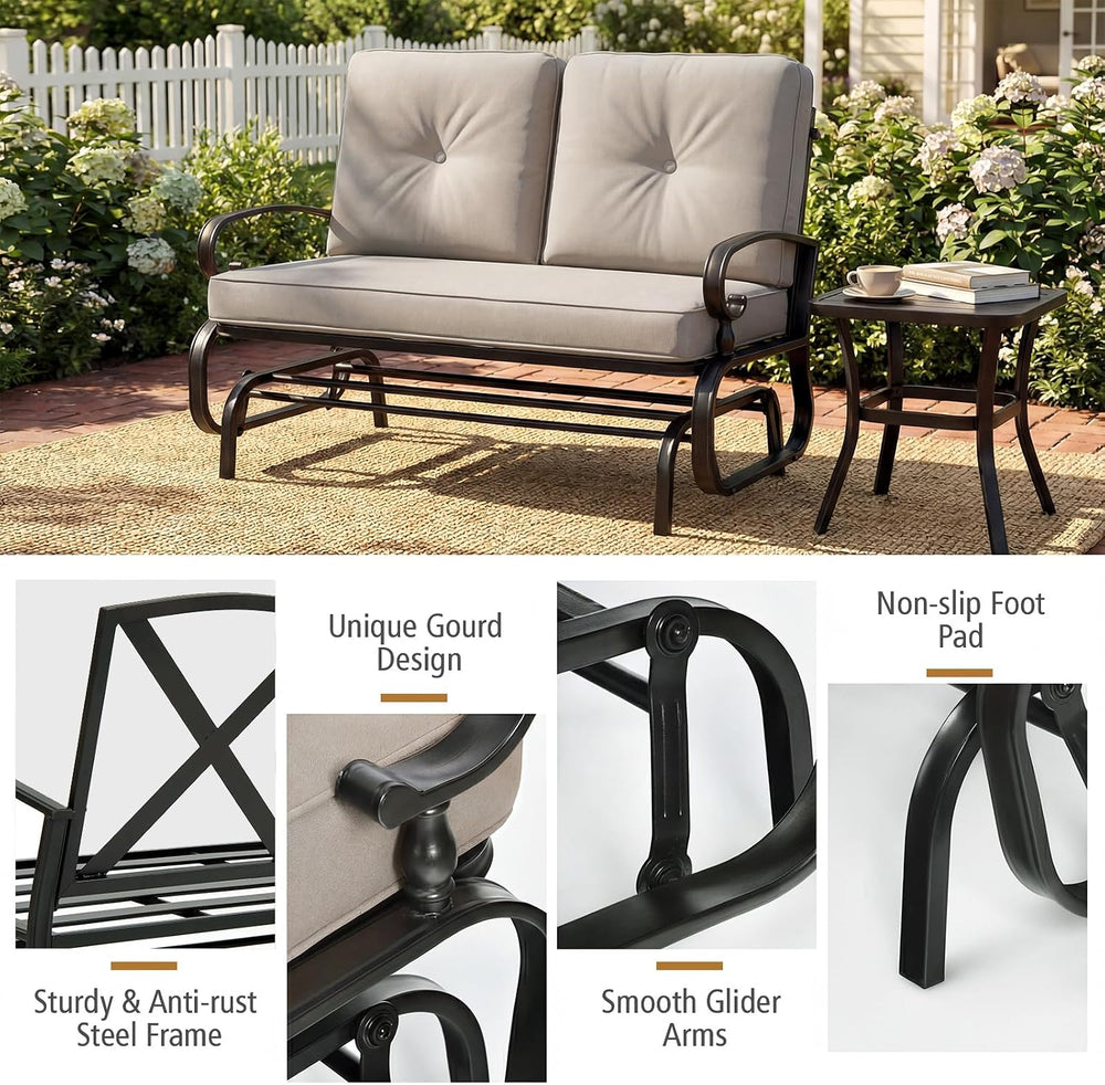 HAPPYGRILL Outdoor Swing Glider Bench Patio Loveseat with Comfortable Cushion...