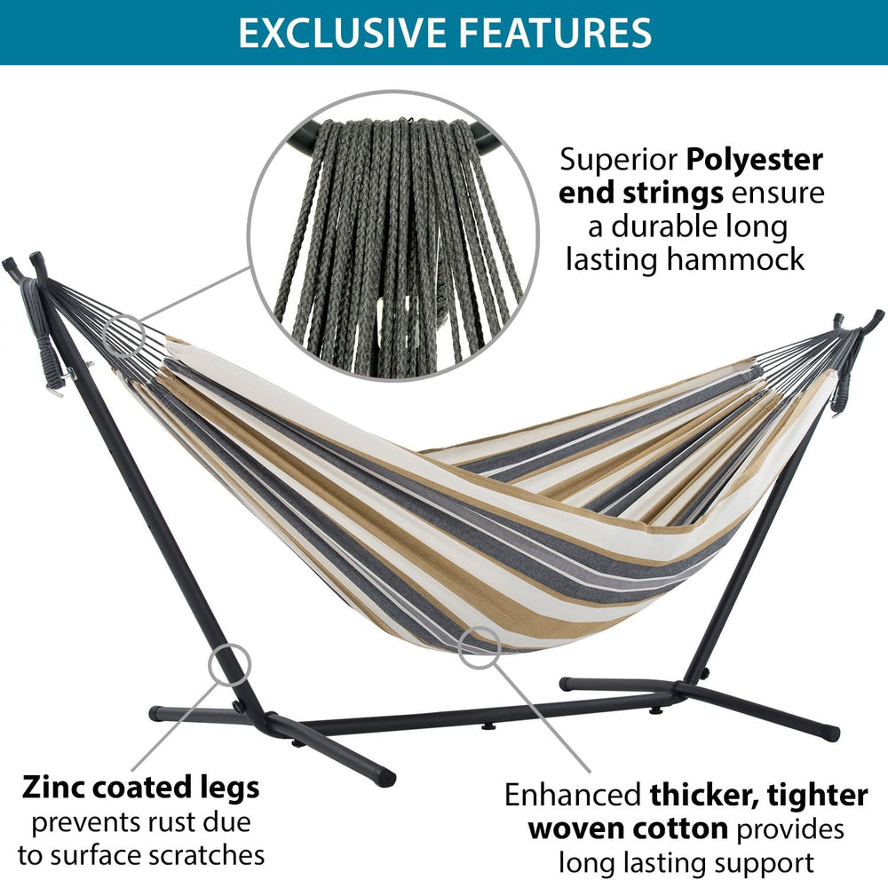 Vivere Double Cotton Hammock with Space Saving Steel Stand, Upgraded Polyeste...