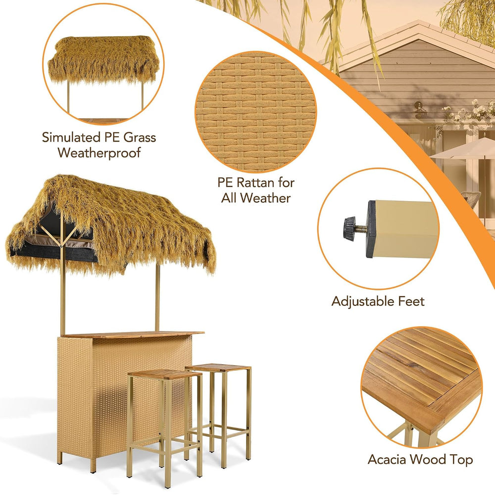 Outdoor 3-Piece Tiki Bar Set, Wicker Bar Table & 2 Stools