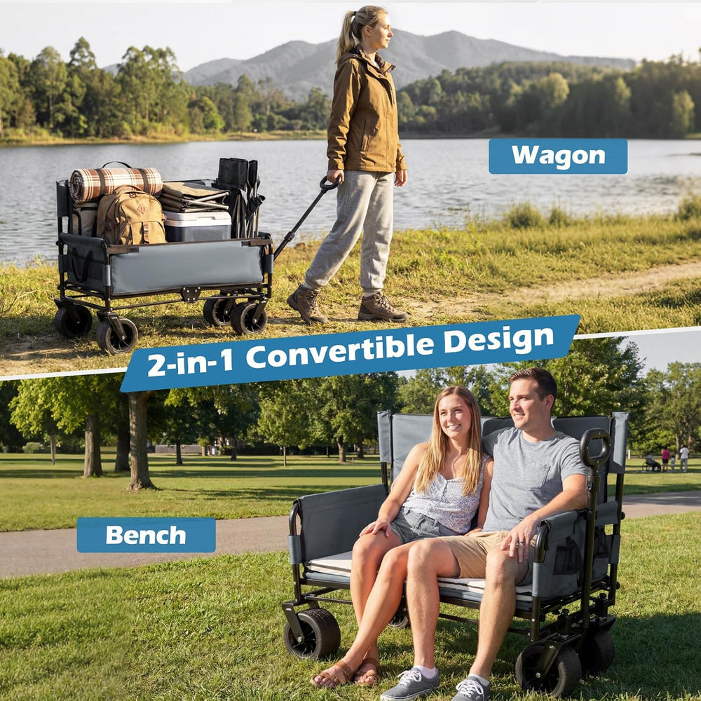 Goplus 2-in-1 Wagon Bench Seat Combo, Collapsible Folding Beach Cart with Adj...