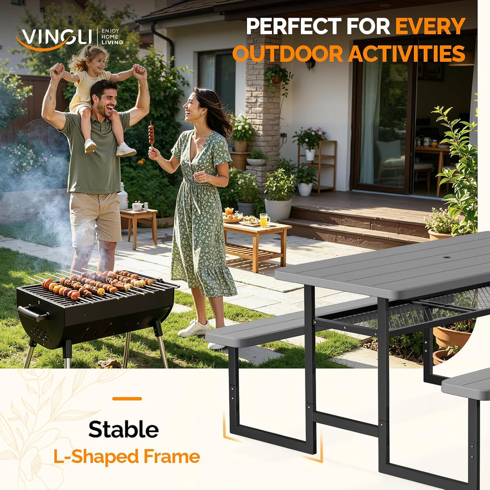 VINGLI 4.5FT Outdoor Picnic Table with Storage Shelf & Umbrella Hole, All...