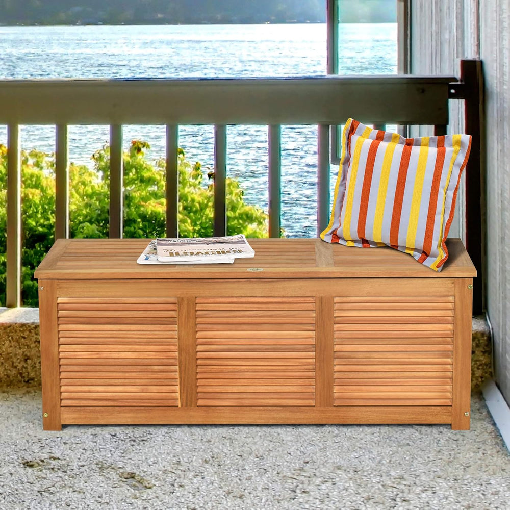 HAPPYGRILL 46 Gallon Acacia Wood Deck Box, Outdoor Storage Box Garden Tools B...