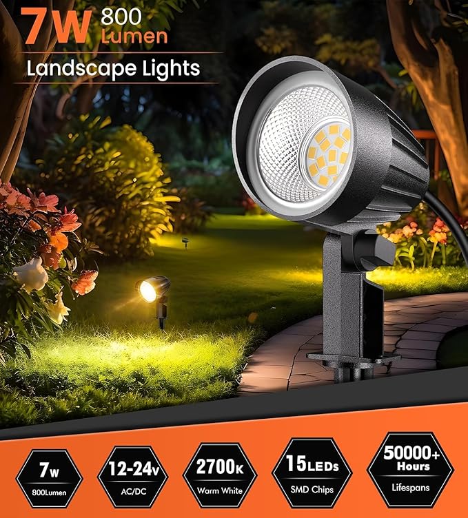 MEIKEE 7W 800lm Low Voltage Landscape Lights, 12V 24V LED Landscape Lighting ...