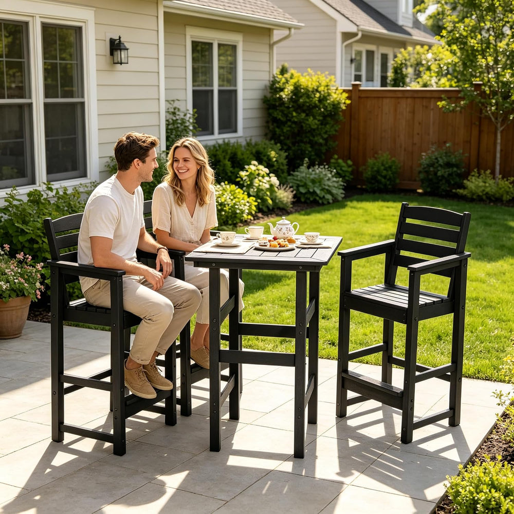 3-Piece Outdoor Bistro Bar Set, HDPE Bar Height Table & Chairs, Black