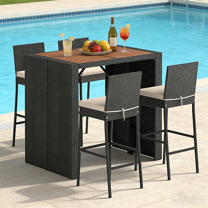 COSTWAY 5 Piece Patio Bar Set, Outdoor Rattan Wicker Bar Table and 30'...