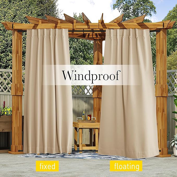 NICETOWN 2 Panels Outdoor Curtains for Patio Waterproof & Windproof, Pock...