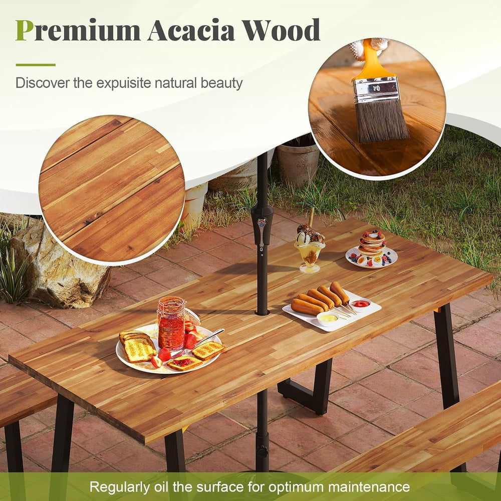 S AFSTAR 70" Acacia Wood Outdoor Picnic Table Set with 10Ft Umbrella &am...