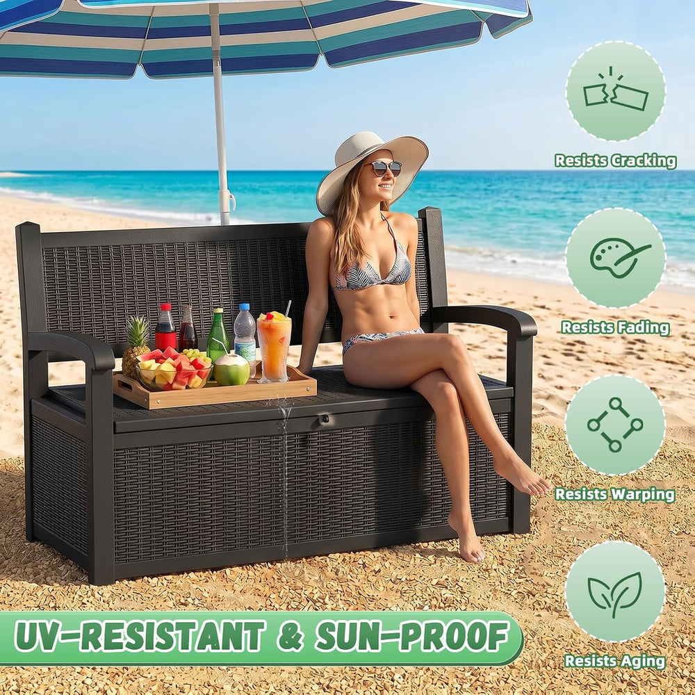 80 Gallon Outdoor Storage Bench Waterproof Resin Lockable UV Resistant Deck B...