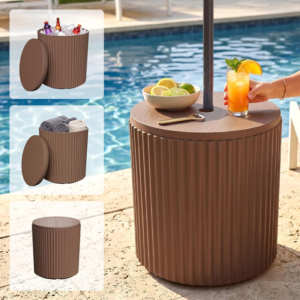 JEAREY Outdoor Side Table Set of 2, Umbrella Base, Ice Bucket, Brown